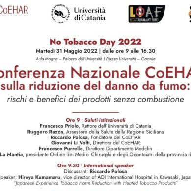 “Rischi e benefici dei prodotti senza combustione” – il 31 maggio il No Tobacco Day organizzato dal CoEHAR di UNICT
